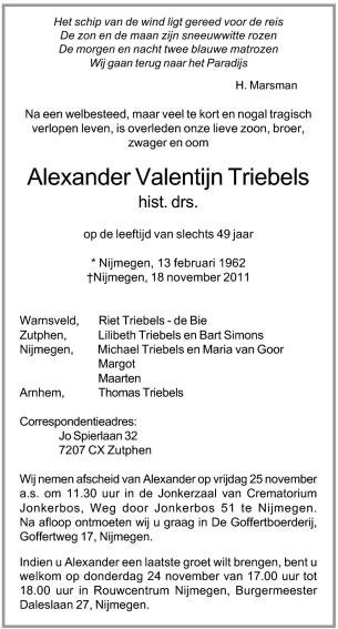 advertentie van Alexander Valentijn (hist. drs.) Triebels