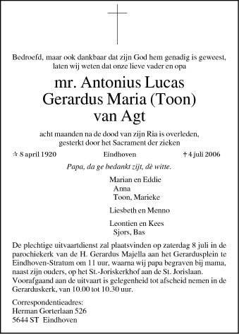 advertentie van Antonius Lucas Gerardus Maria (Toon) van Agt